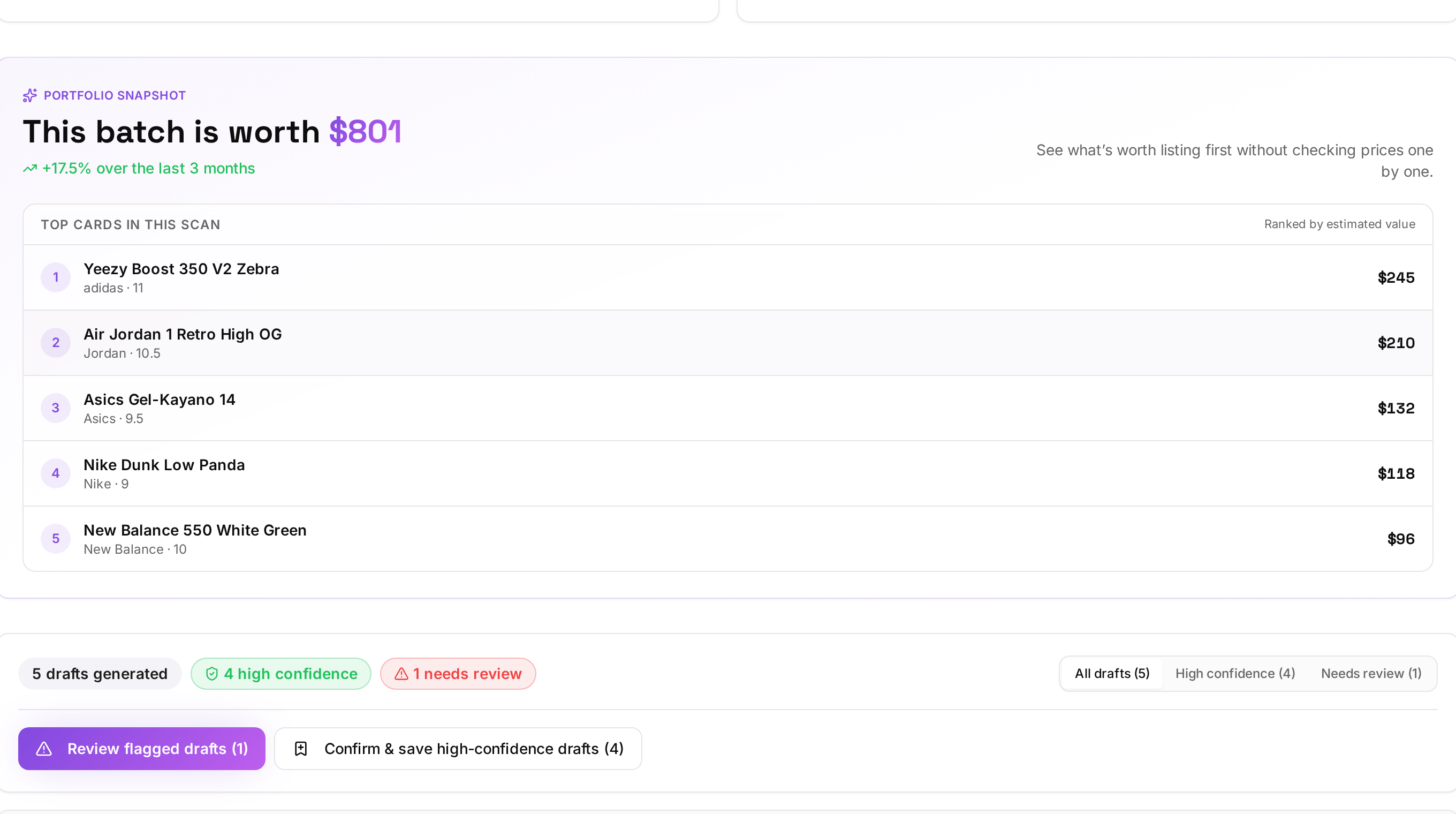 Portfolio snapshot in WhatAreThose showing the batch value of a scan and the top items ranked by estimated value
